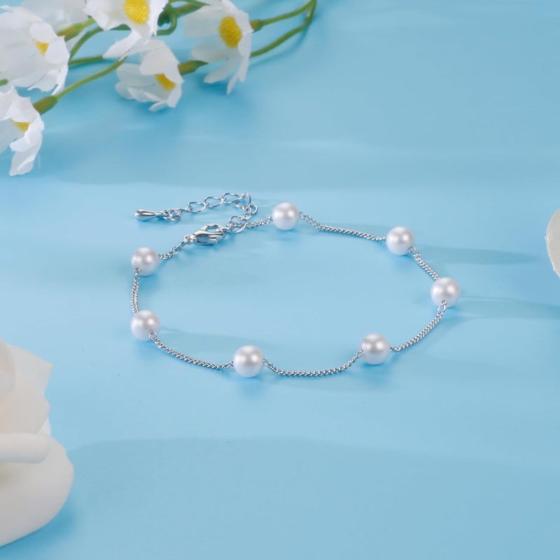 DAYANEY Pearl Bracelets for Women, Gold Bracelet Silver Pearl Jewelry as Valentines Gifts for Girls, Dainty Daisy and Heart Braclets Cute Floral Prom Jewelry for Bridesmaid Brazaletes Para Mujer - Image 4